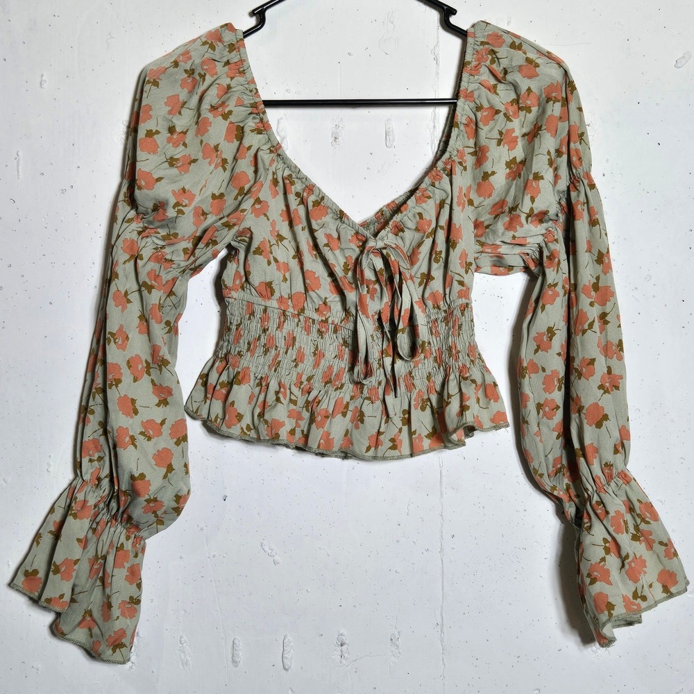 Floral Smocked Milkmaid Long Sleeve Crop Top M Cottage Boho Romantic Peasant